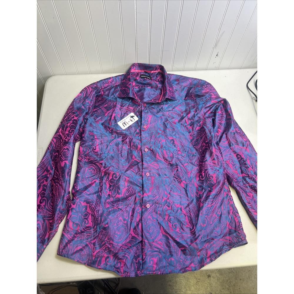 Barry Wang Men's Purple & Blue Paisley Silk/Poly Button Front Dress Shirt Medium